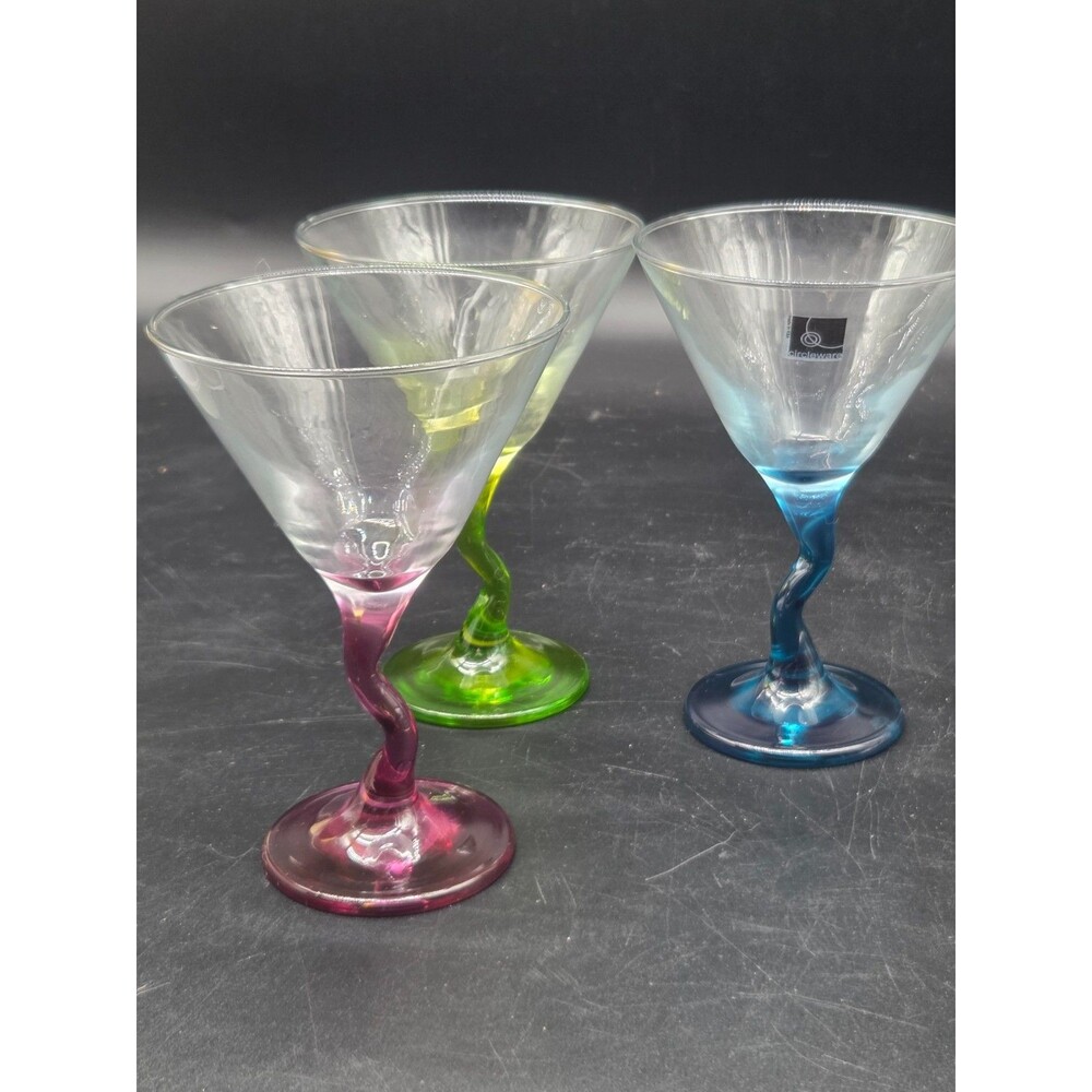 Circle Ware Martini Glasses Multi Color Zig Zag Stems Lot of 3